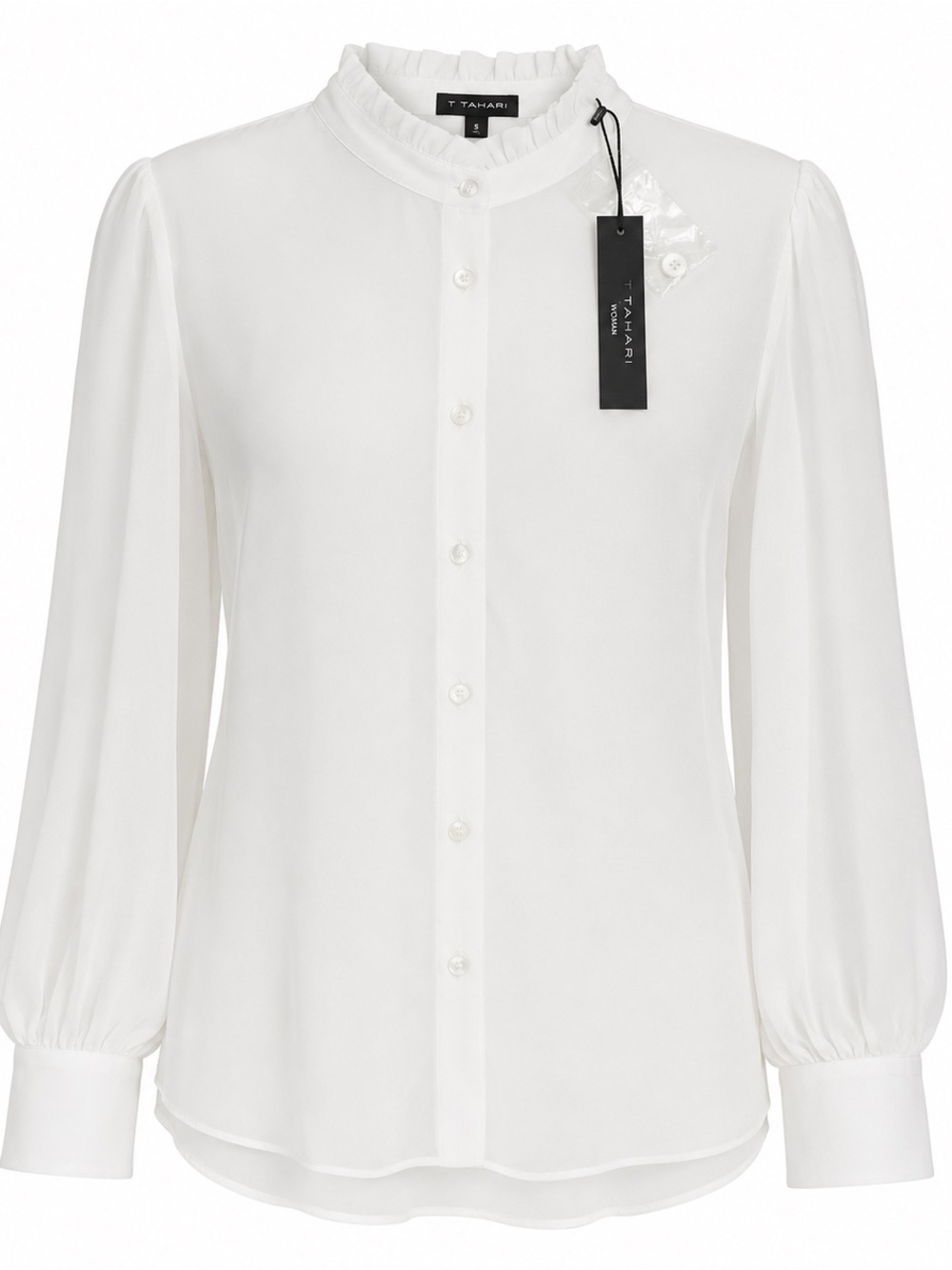 NEW T Tahari Semi Sheer Long Sleeve Ruffle Collar White Blouse Shirt Sz 1X NWT